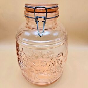 Pink Baril De Fruits Glass Kitchen Canister Embossed Clamp Lid Storage Jar 10'in